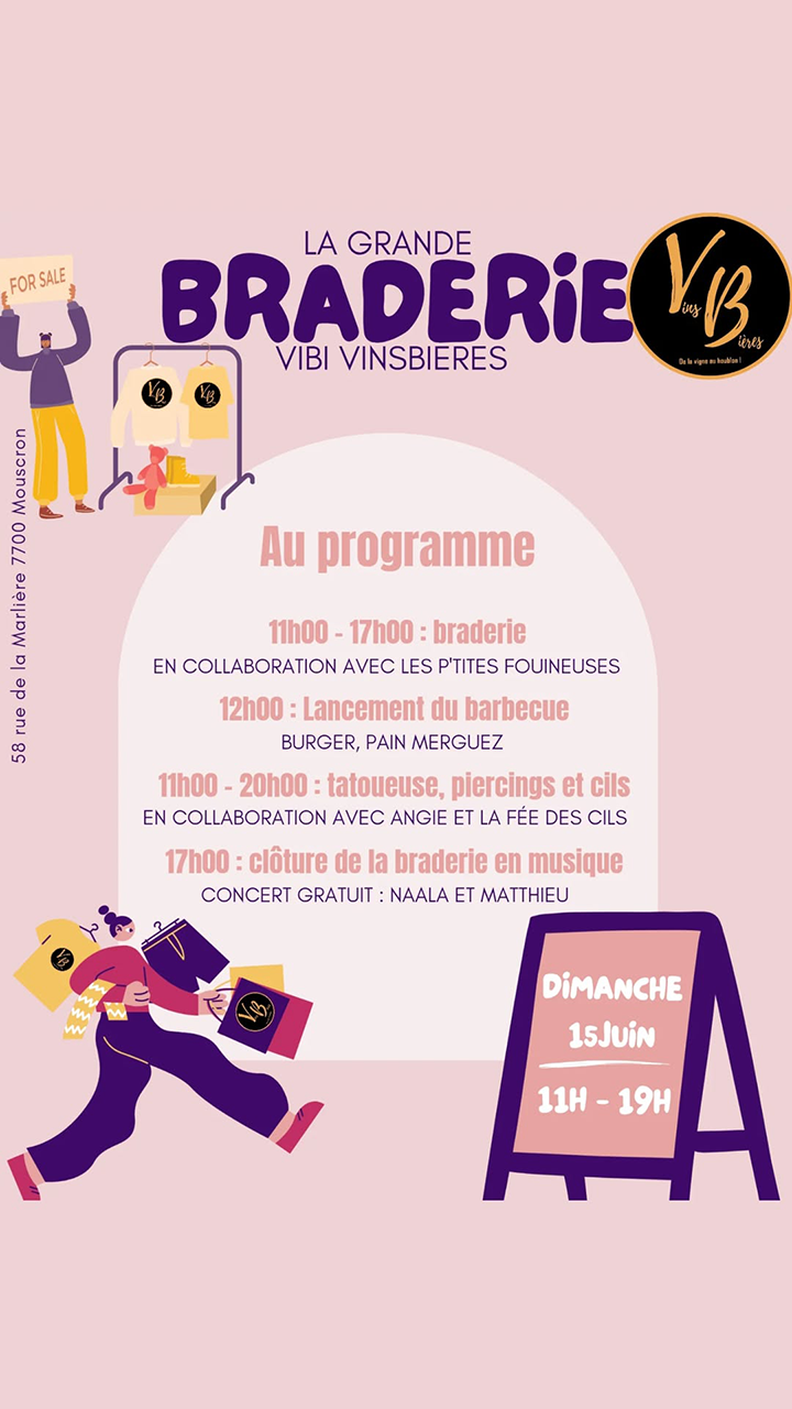 Le dimanche 15 juin, la Grande Braderie, ce sera au ViBi ! Au programme une braderie, un barbecue mais aussi Angie la tatoueuse et la fée des cils pour se faire une beauté. On terminera en chanson avec Naala et matthieu !!!